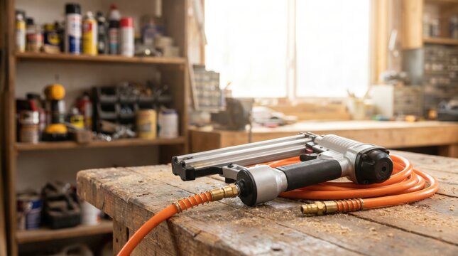 Pneumatic nail gun with orange air hose sits on a rustic wooden workbench in a professional carpentry workshop surrounded by various tools and equipment for woodworking projects