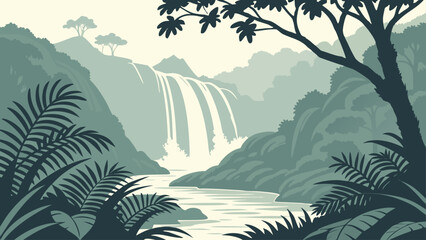 Tropical waterfall jungle landscape vector graphic with waterfall, tropical © Nehan