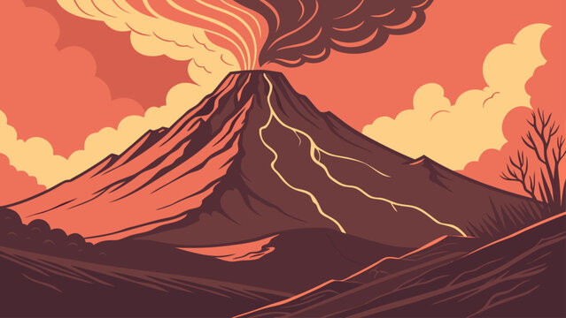 Volcanic eruption with lava flow and ash clouds eruption mountain explosion