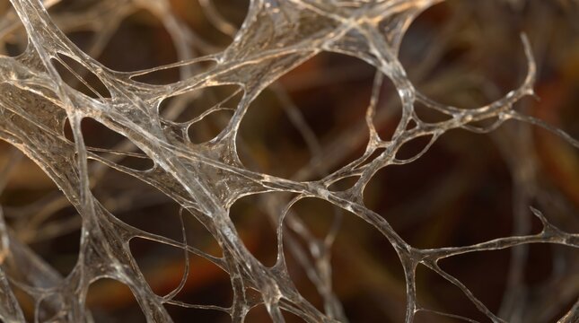 Microscopic organic fibrous web structure with glistening translucent strands resembling biological connective tissue or complex neural networks in a warm golden light