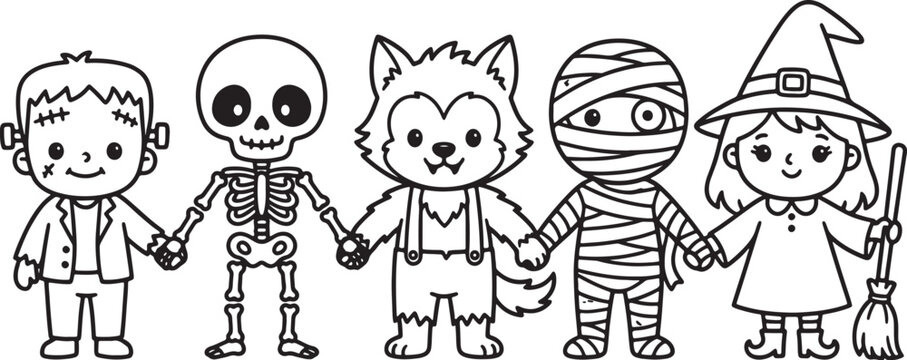 Cute cartoon halloween characters holding hands line up including frankenstein monster skeleton werewolf mummy and little witch for greeting card holiday print.