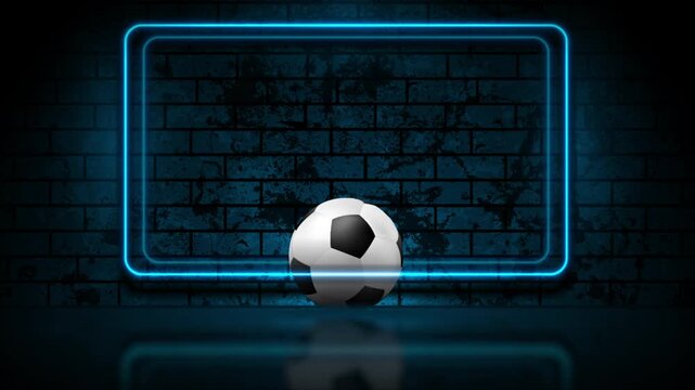 Soccer football ball with blue neon glowing frame on dark brick wall abstract background. Sport motion design. Seamless loop. Video animation Ultra HD 4K 3840x2160