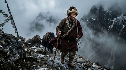 Naklejka premium Tibetan Yak Herder Crossing Misty Himalayan Mountain Trail