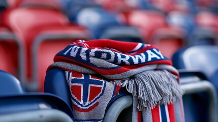 Obraz premium Closeup of a Norway football fans scarf displaying the national team motto draped neatly over empty stadium seats highlighting passion for the game.