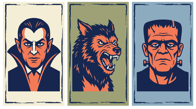 Three illustrated portrait cards featuring a serious man a fierce wolf and a stylish man with glasses in a modern