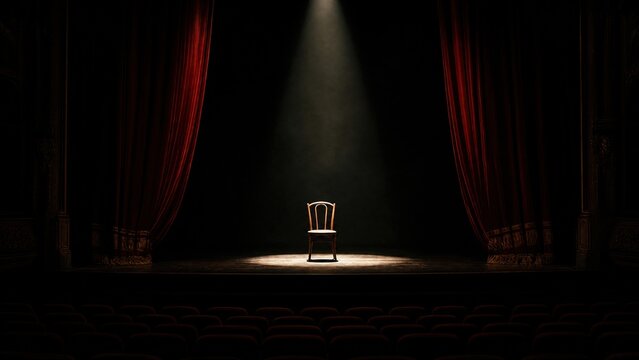 Empty theater with a spotlight on a solitary chair, red curtains open. 