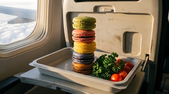 Colorful macaron stack on airplane tray table with fresh salad and cloud view