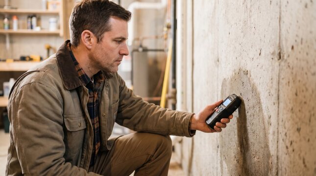 Man using a digital moisture meter on a damp concrete basement wall to detect water leaks and structural damage during a professional home inspection or renovation project