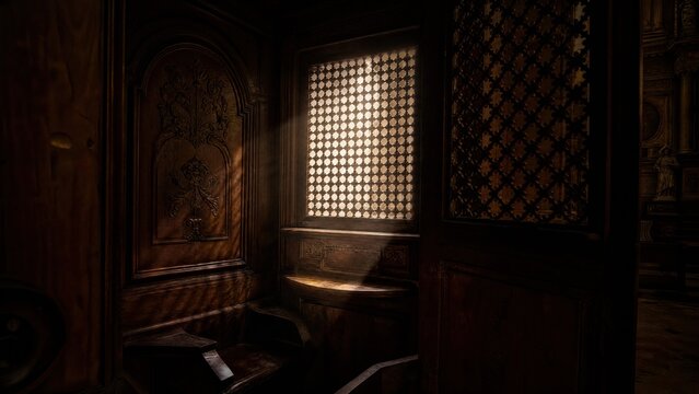 A vintage wooden confessional booth with light filtering through its lattice grill. 