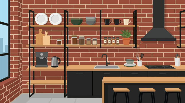 Modern kitchen interior design vector illustration featuring industrial brick walls wooden shelves black cabinetry and stools in a clean flat style for contemporary home decor concepts