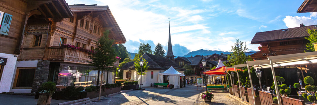 Gstaad in Switzerland. Canton of Bern, belonging to the municipality of Saanen, in southwestern Switzerland.