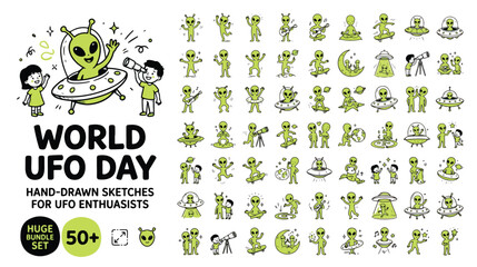 World UFO Day Hand-Drawn Alien and Spaceship Icon Set Vector © Saim