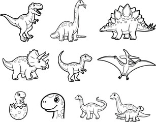 Cute dinosaur collection featuring cartoon prehistoric animals outline coloring book vector illustration se © Asha