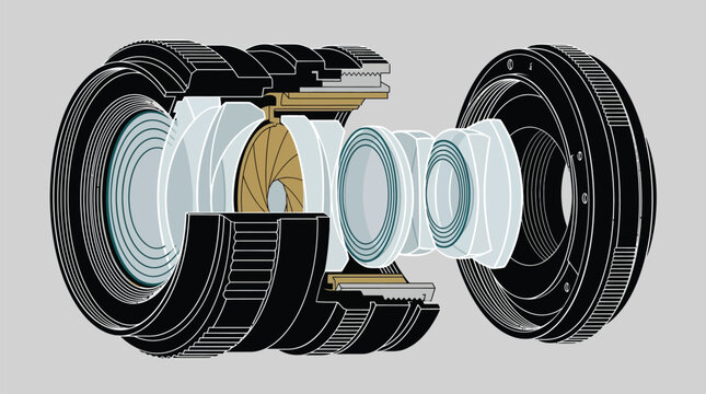 Detailed technical vector illustration showcasing an exploded view of a complex camera lens assembly with glass elements and mechanical aperture blades arranged for clear visual inspection