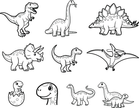 Cute dinosaur collection featuring cartoon prehistoric animals outline coloring book vector illustration se