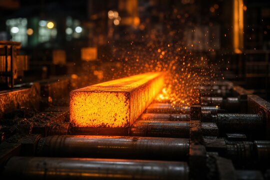 Glowing hot steel billet on conveyor rollers in a heavy industry factory with bright orange sparks flying during the metal manufacturing process in a foundry
