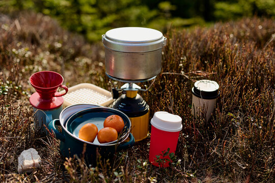 Camping cooking gear and food setup outdoors