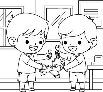 Two young boys happily pretending to fix tools together.
