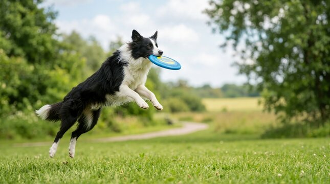 Black and white Border Collie jumping to catch a blue flying disc. Active dog playing fetch in a grassy park outdoors