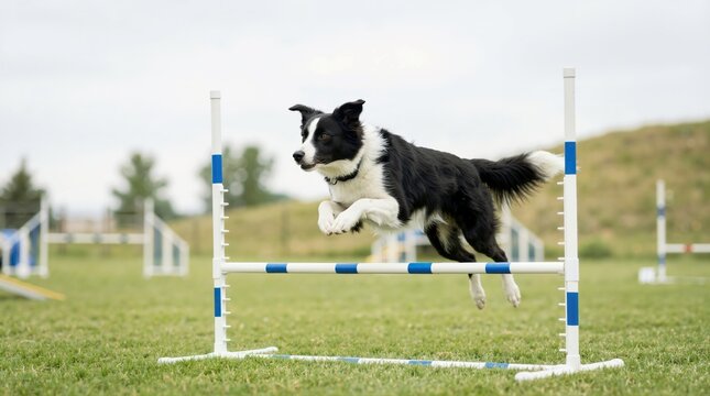 Athletic Border Collie dog jumping over a training hurdle fence on a grassy field. Black and white canine in mid-air during an outdoor agility course