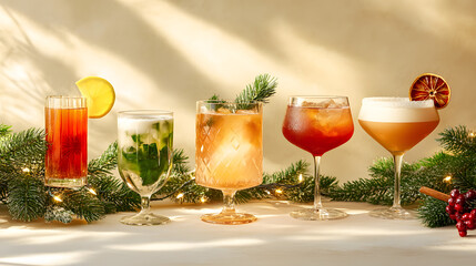 Fototapeta premium Five festive holiday cocktails arranged on a table with evergreen branches and sparkling fairy lights for a seasonal celebration party drink concept
