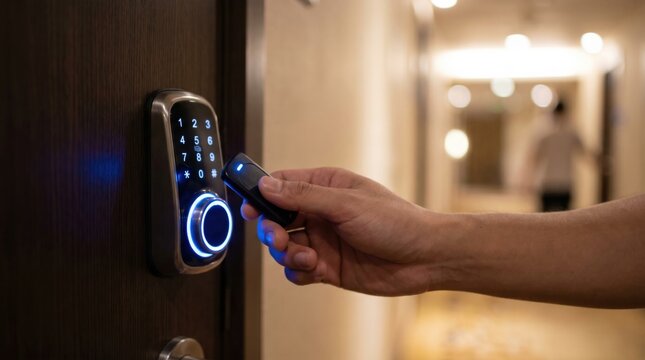 Hand holding a smart RFID key fob near a digital door lock with a glowing blue keypad in a modern hotel hallway for secure access control and keyless entry