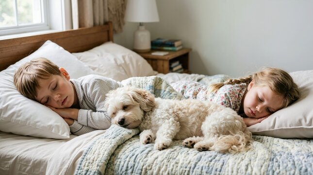 Fluffy white Havanese dog sleeping on a bed between two children. Young boy and girl resting with their family pet in a cozy bedroom