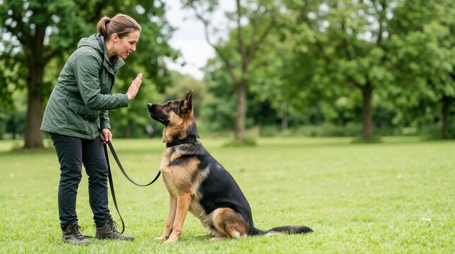 Woman training a German shepherd dog in a green park. Female handler giving a hand signal command to an obedient sitting canine
