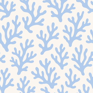 Soft Blue Coral Seaweed Seamless Pattern with Minimal Coastal Botanical Background Style