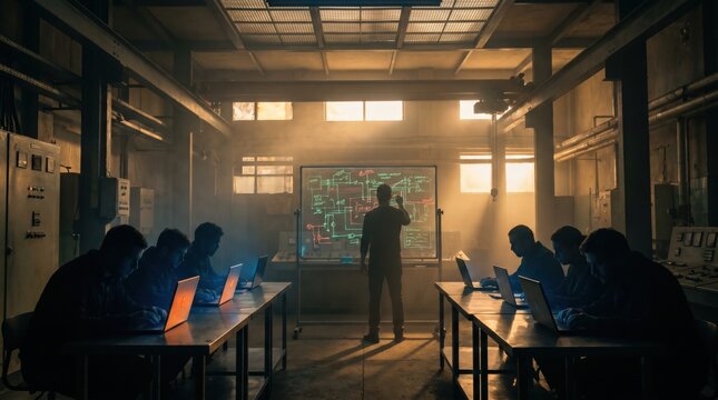 Group of engineers working on laptops in a dark industrial workshop while a leader draws technical circuit diagrams on a glowing glass board with dramatic lighting