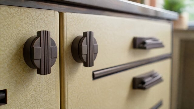  Close-up of Art Deco style bakelite knobs on kitchen cabinet, vintage aesthetic. 