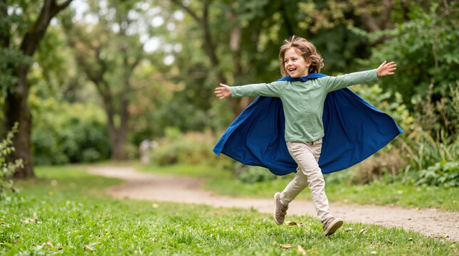 Happy young girl wearing a blue superhero cape running in a park. Child with outstretched arms pretending to fly outdoors. Active childhood imagination and pretend play concept