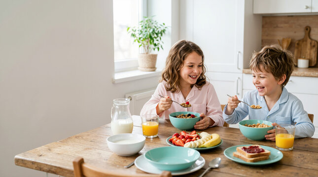 Happy siblings eating a healthy breakfast in pajamas at a wooden kitchen table. Boy and girl enjoying granola, fruit, and juice in the morning. Cheerful domestic lifestyle