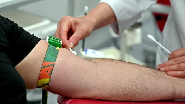 Close-up of a nurse preparing a blood donor arm with a colorful tourniquet and cotton swab at a clinic illustrating the preparation step of voluntary blood donation.