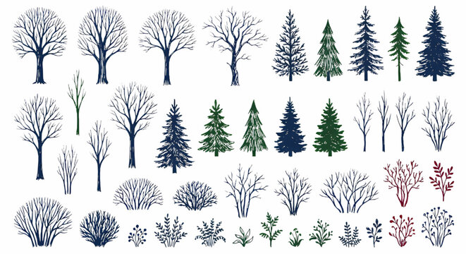 Hand drawn winter forest trees and bushes vector silhouette set