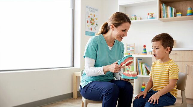 Dentist showing a large teeth model to a young boy. Female doctor teaching child about dental hygiene in a bright pediatric clinic