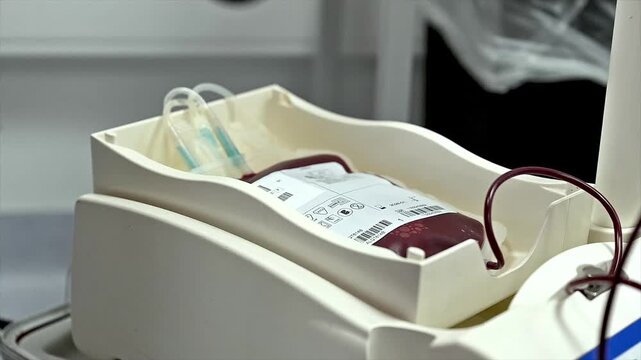 Close-up of a donated blood bag filling on a collection mixer and scale at a clinic illustrating the automated blood collection process at a blood bank.