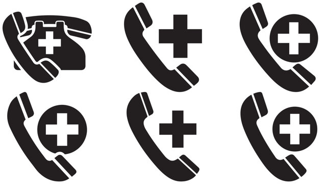 Emergency telephone icon with medical cross symbols for crisis contact, ambulance support, healthcare assistance, and urgent communication services