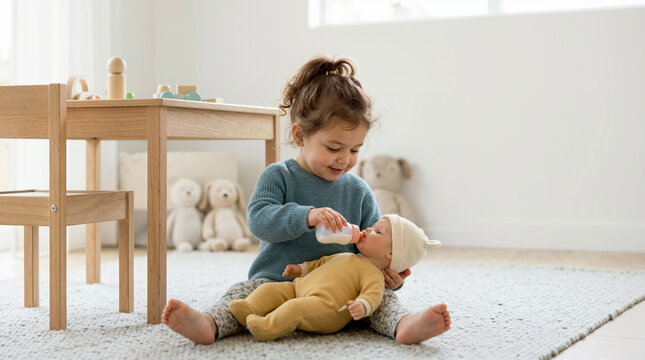 Toddler girl sitting on a rug feeding a baby doll with a toy bottle. Little child playing pretend caregiving in a bright playroom. Imaginative childhood roleplay