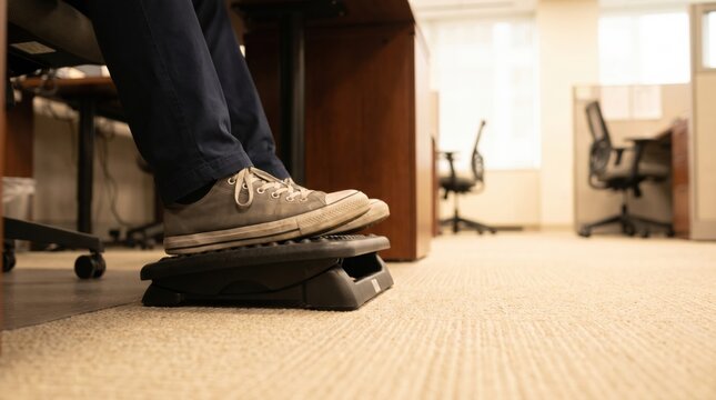 Person's feet on an ergonomic footrest under a desk in a modern office environment to improve posture and comfort while working at a computer workstation