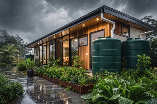 Modern eco-friendly house with rainwater tanks standing in a lush garden during a heavy rainstorm under a dark cloudy sky with warm interior lights glowing through windows