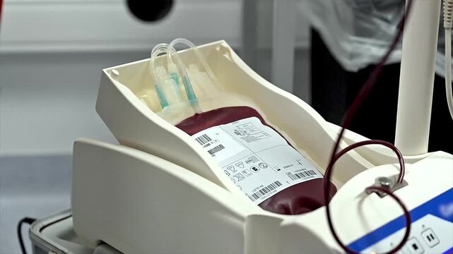 Close-up of a blood bag filling with donated blood on an agitator and scale device at a clinic illustrating automated blood collection at a blood bank.