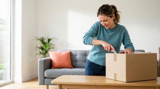 Smiling young woman opening a cardboard box with a utility knife in her living room. Happy female customer unboxing a delivery package. Moving and online shopping concept