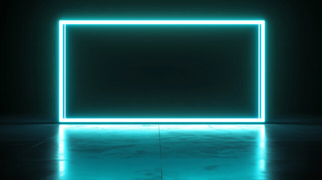 Glowing neon light rectangular frame on dark background with reflection on floor