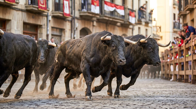 Detalle de toros en movimiento durante un encierro tradicional.