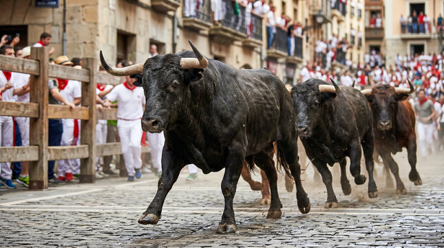 Detalle de toros en movimiento durante un encierro tradicional.