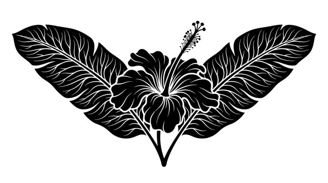 black silhouette vector, isolated, white background, summer, Black floral wing design, tropical leaf illustration, monochrome botanical art, decorative foliage pattern isolated on White