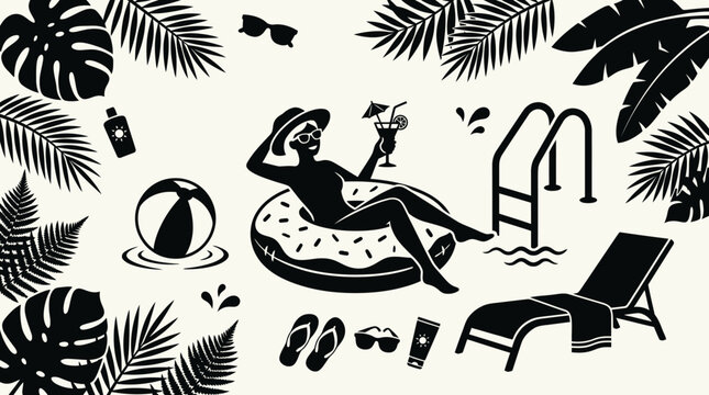 black silhouette vector, isolated, white background, summer, Summer vacation, beach relaxation, pool party, tropical getaway, black and white vector isolated on White Background