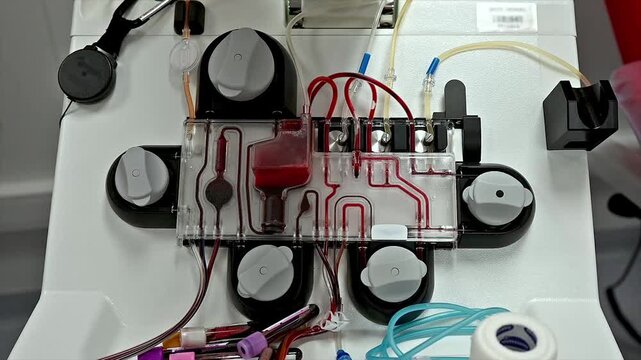 Overhead close-up of an apheresis machine manifold separating blood components through tubing at a blood bank illustrating automated blood component donation.