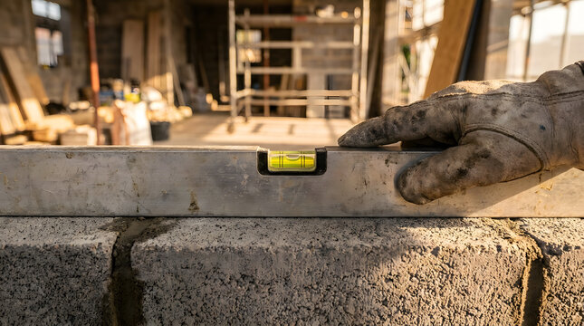 Yellow spirit level tool placed horizontally on top of a concrete cinder block wall structure to check the alignment and precision during a professional masonry building project